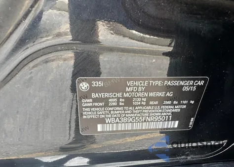 2015 BMW 335 Xi z USA, uszkodzony, nr VIN WBA3B9G55FNR95011